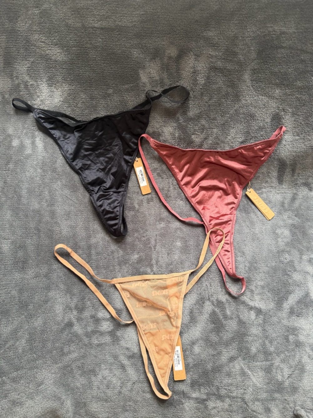 Skims 3-Pack Women’s Satin & Mesh Thong Set - Black, Rose, Nude